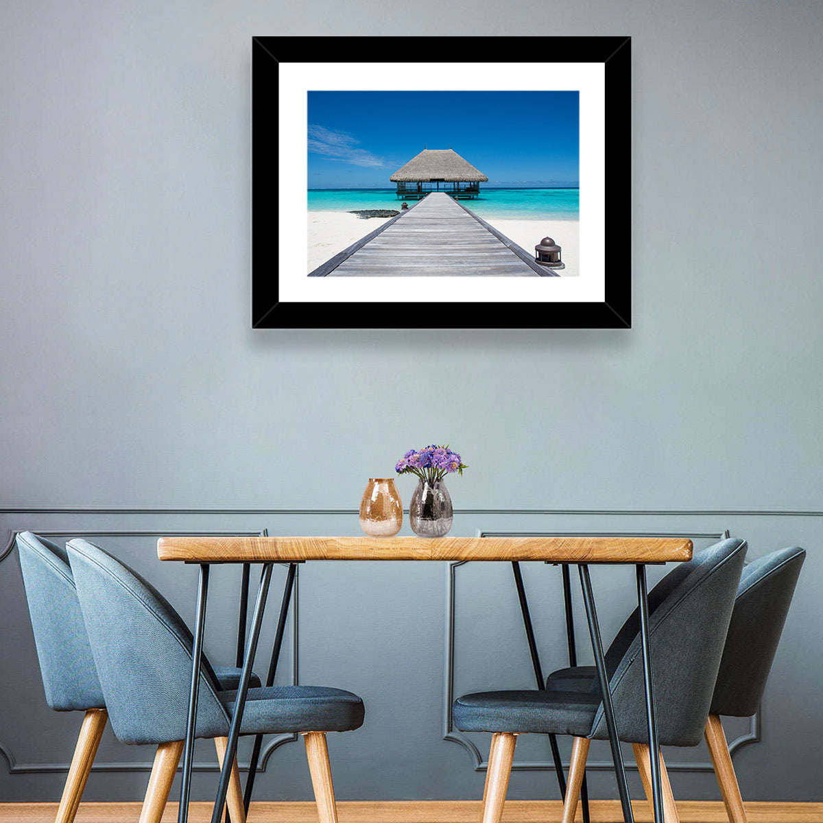 Maldives Turquoise Pier Wall Art in a room, landscape