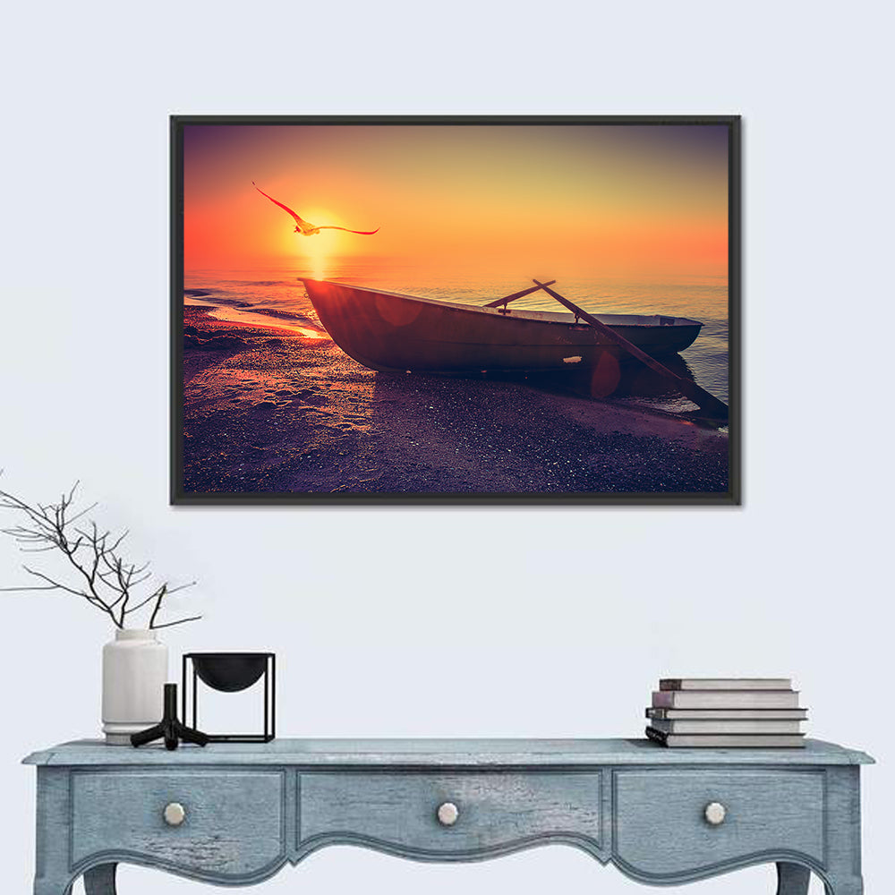 Sunset Rowboat on Sandy Shore Wall Art