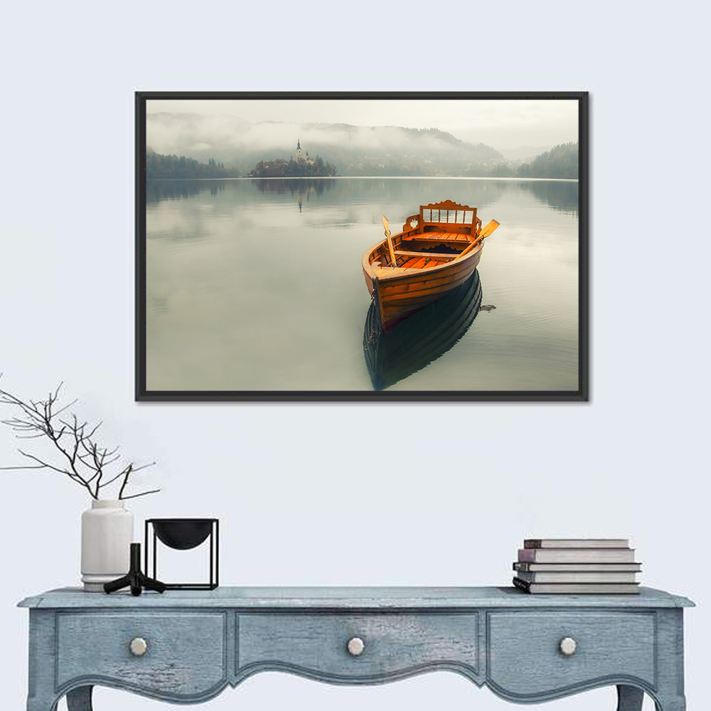 Wooden Boat on Misty Lake Bled Wall Art in a room, landscape