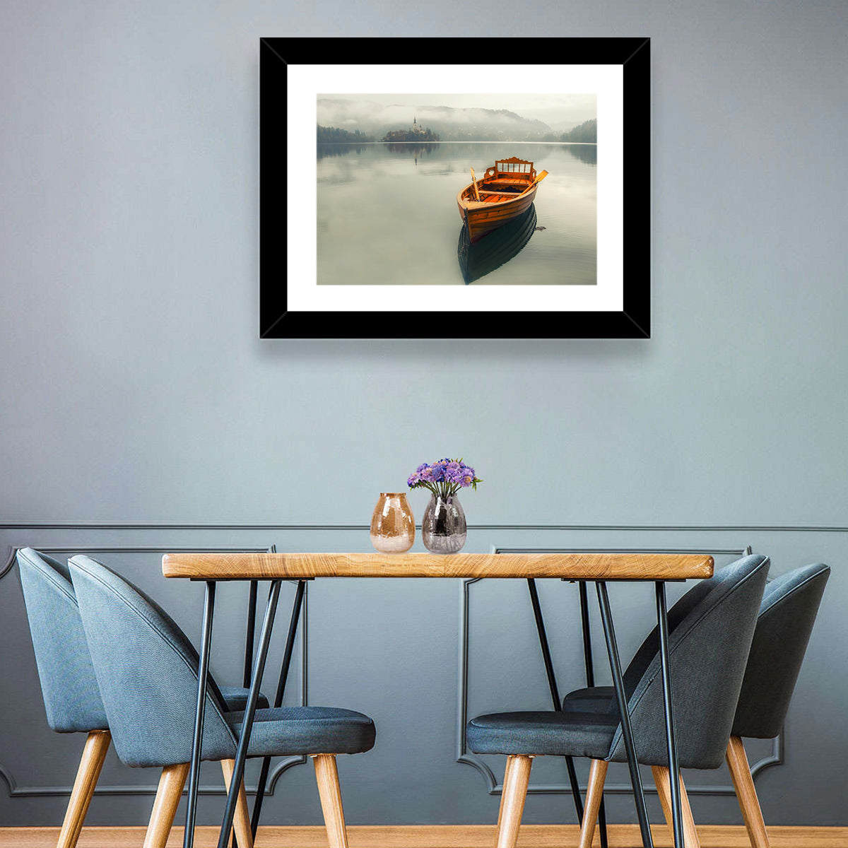 Wooden Boat on Misty Lake Bled Wall Art