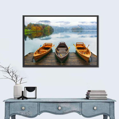 Moored Boats on Misty Lake Bled Wall Art