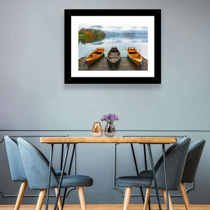 Moored Boats on Misty Lake Bled Wall Art