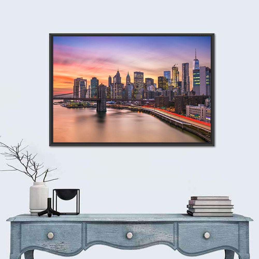 Brooklyn Bridge Light Trails Over Lower Manhattan Wall Art in a room, landscape