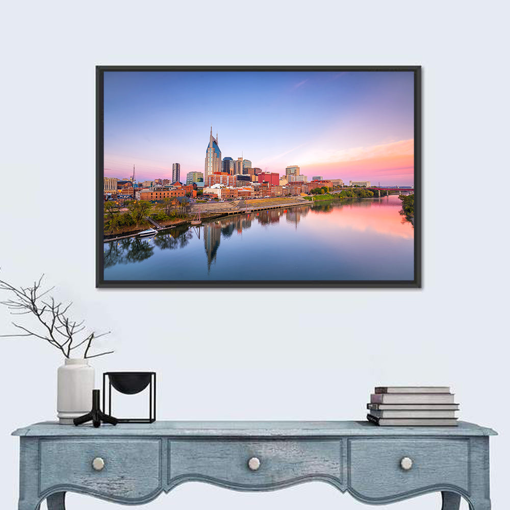 Nashville Skyline at Dusk Wall Art in a room, landscape