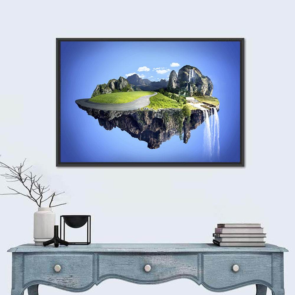 Surreal Floating Island with Waterfalls Wall Art in a room, landscape
