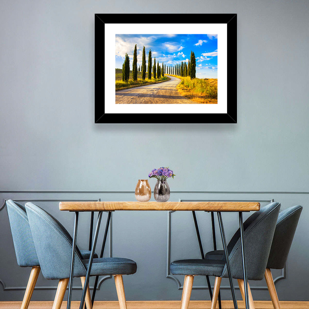 Sunlit Tuscany Cypress Road Wall Art in a room, landscape