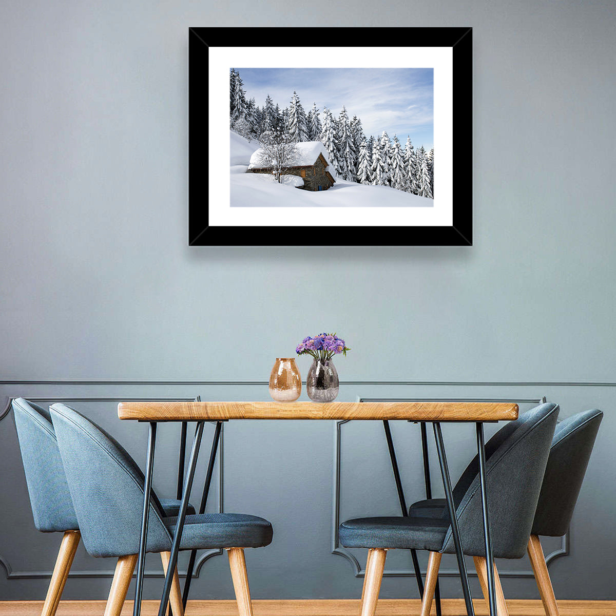 Snow Covered Alpine Cabin Wall Art in a room, landscape