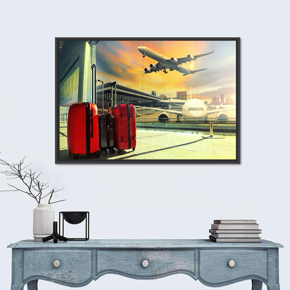 Suitcases at the Airport Window Wall Art in a room, landscape