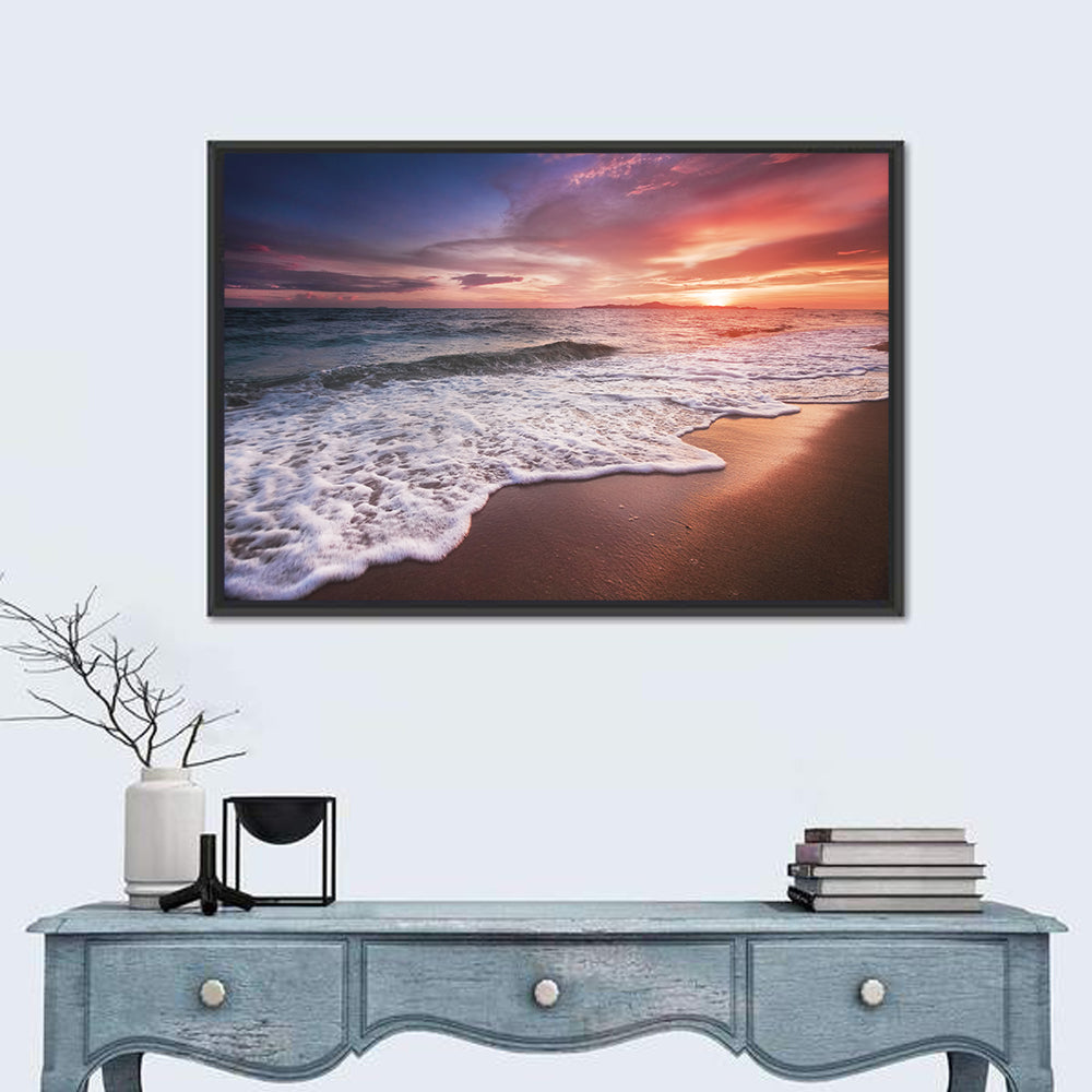 Thai Sunset Over Foamy Shore Wall Art in a room, landscape