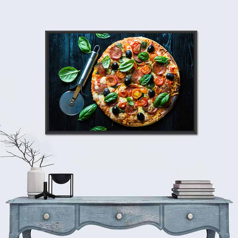Top-down Pizza with Basil and Olives Wall Art
