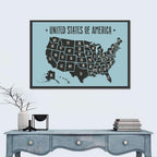 Minimalist USA Map with State Abbreviations Wall Art