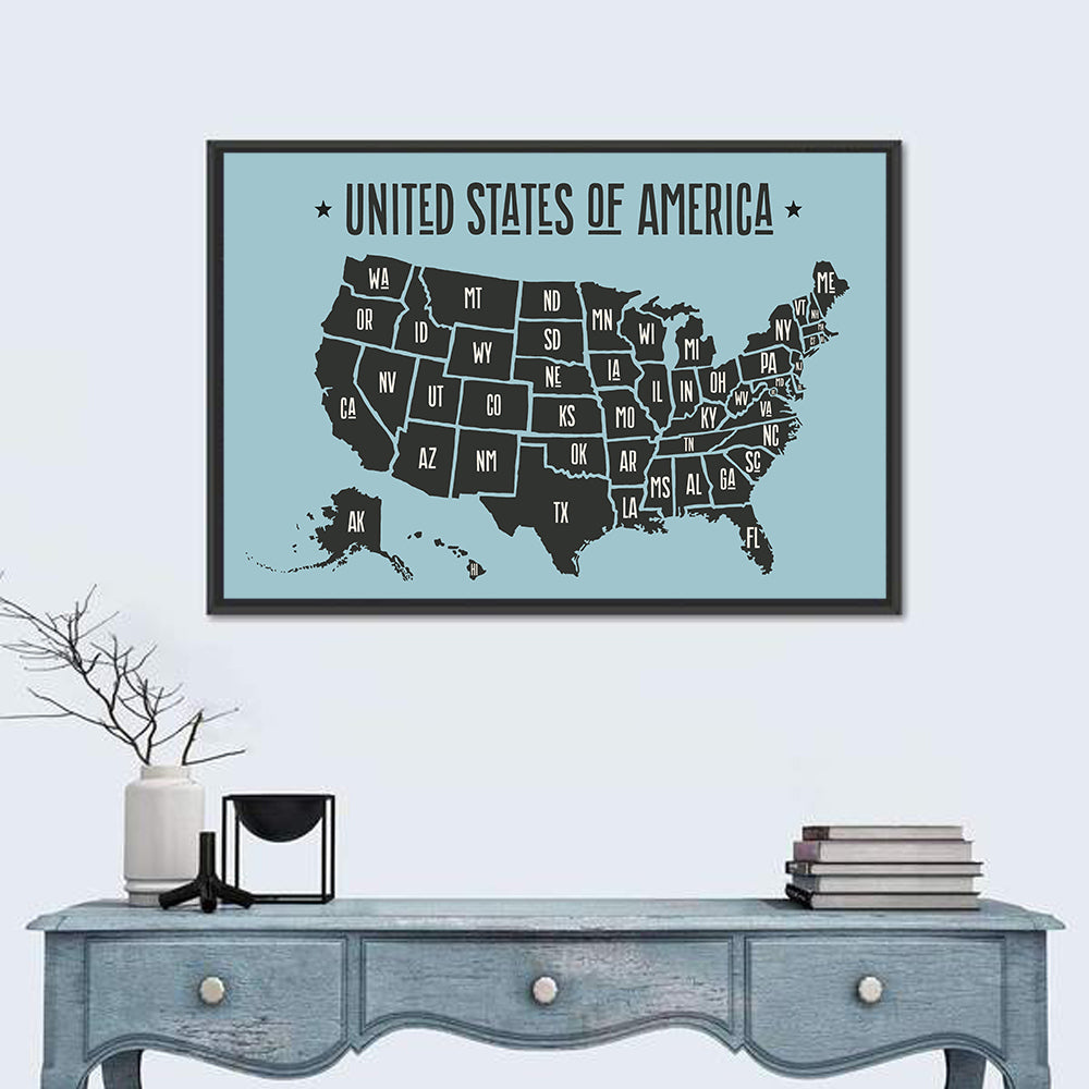 Minimalist USA Map with State Abbreviations Wall Art