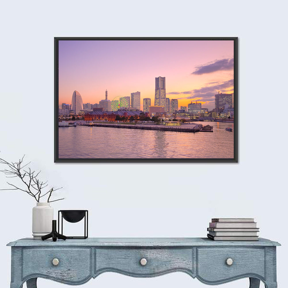 Yokohama Harbor Twilight Wall Art in a room, landscape