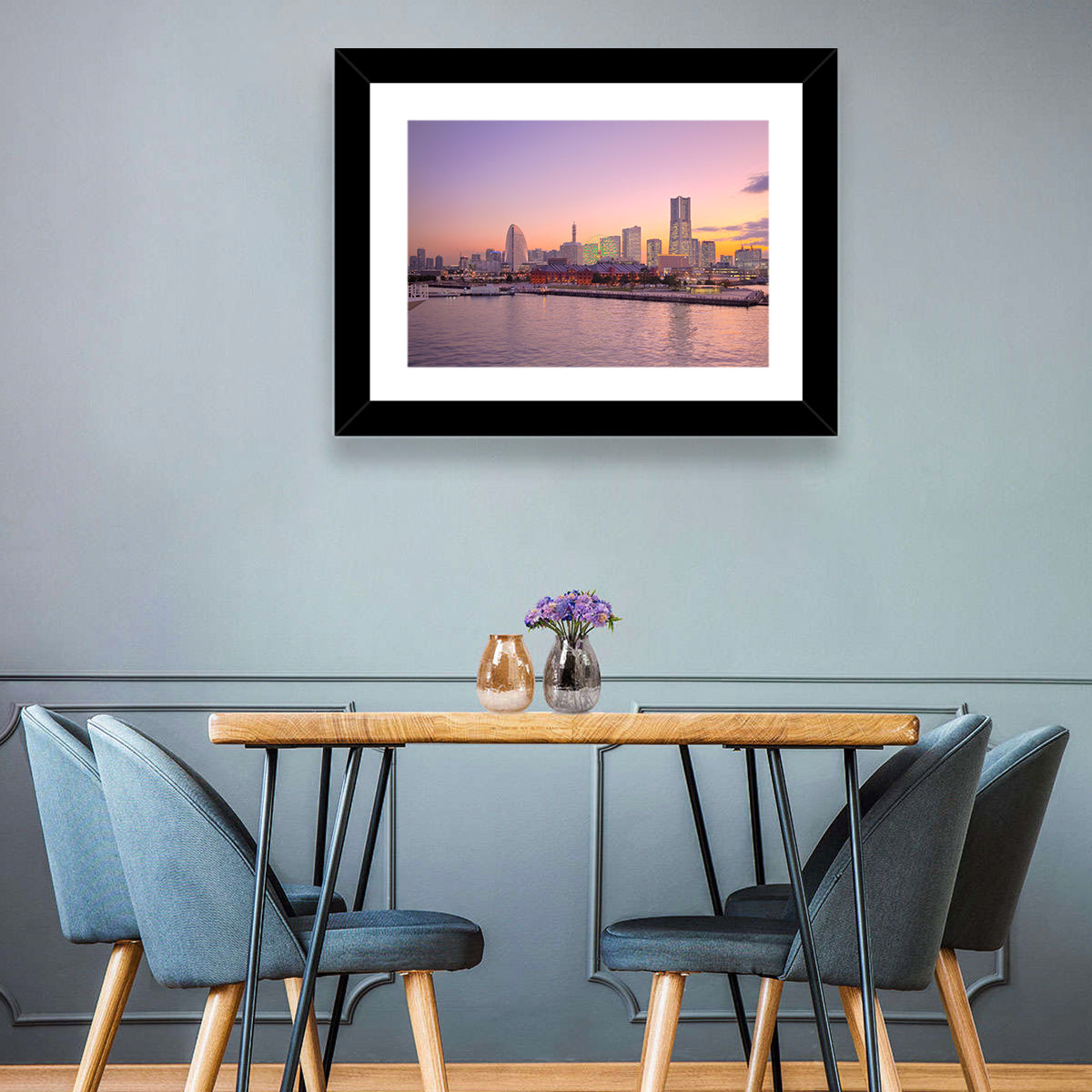 Yokohama Harbor Twilight Wall Art in a room, landscape
