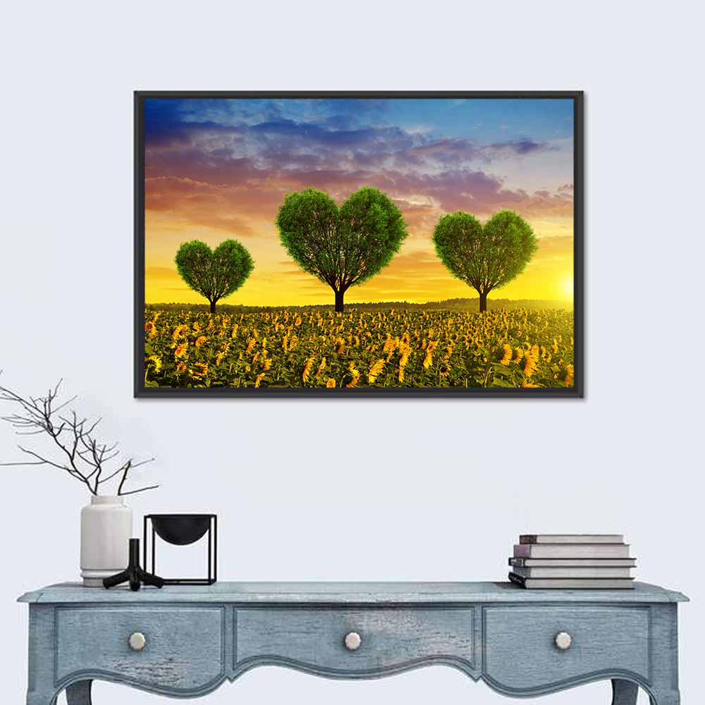 Sunflower Field with Heart Trees Wall Art