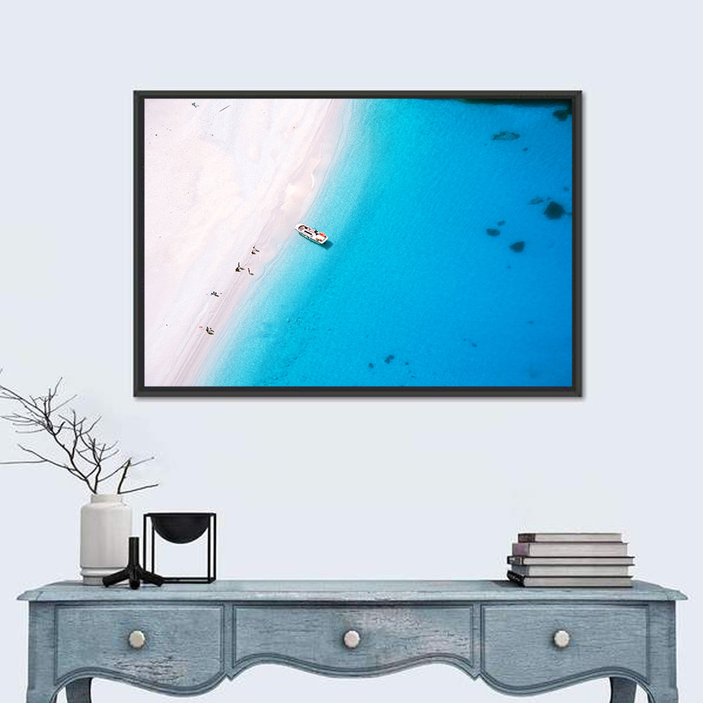 Aerial Beach Bay with White Boat Wall Art