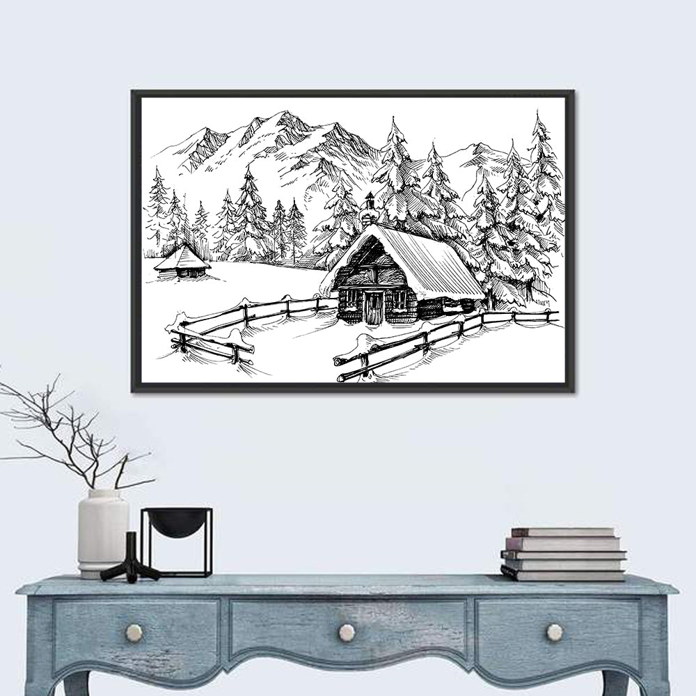 Snow-covered Mountain Cabin Wall Art in a room, landscape