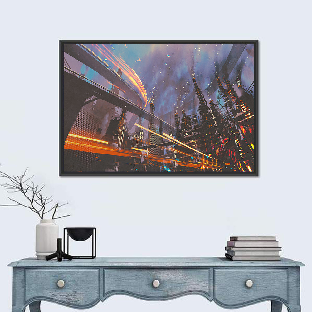 Futuristic Industrial Cityscape Wall Art in a room, landscape