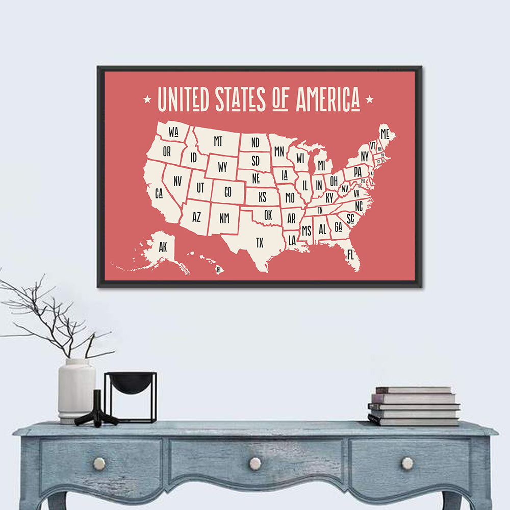 United States Map with State Abbreviations Wall Art