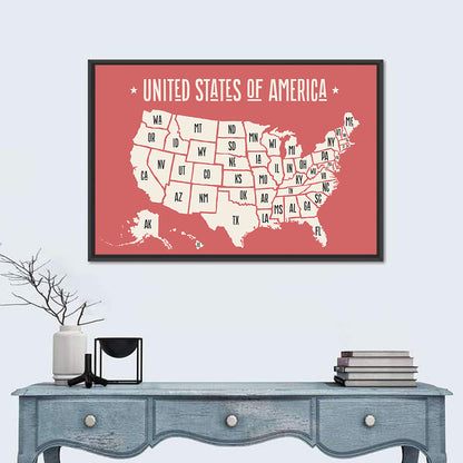 United States Map with State Abbreviations Wall Art