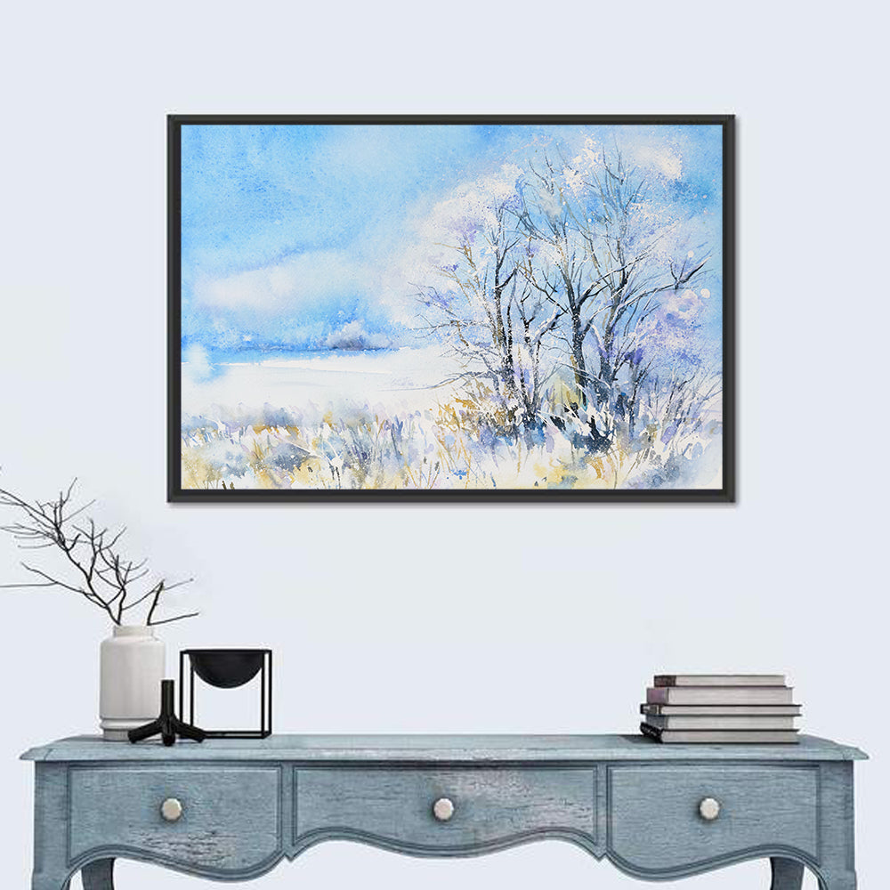 Blue Watercolor Winter Landscape Wall Art in a room, landscape