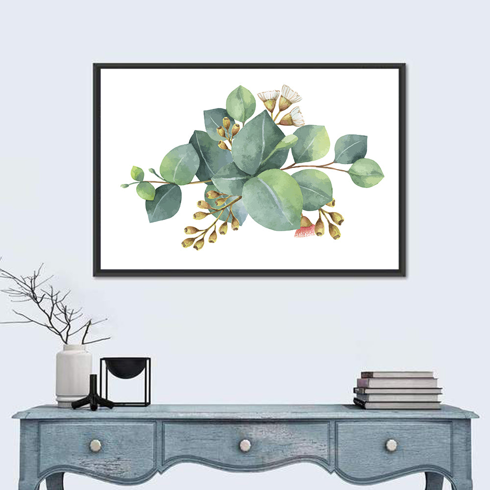 Eucalyptus Leaves with Pink Blossom Wall Art in a room, landscape