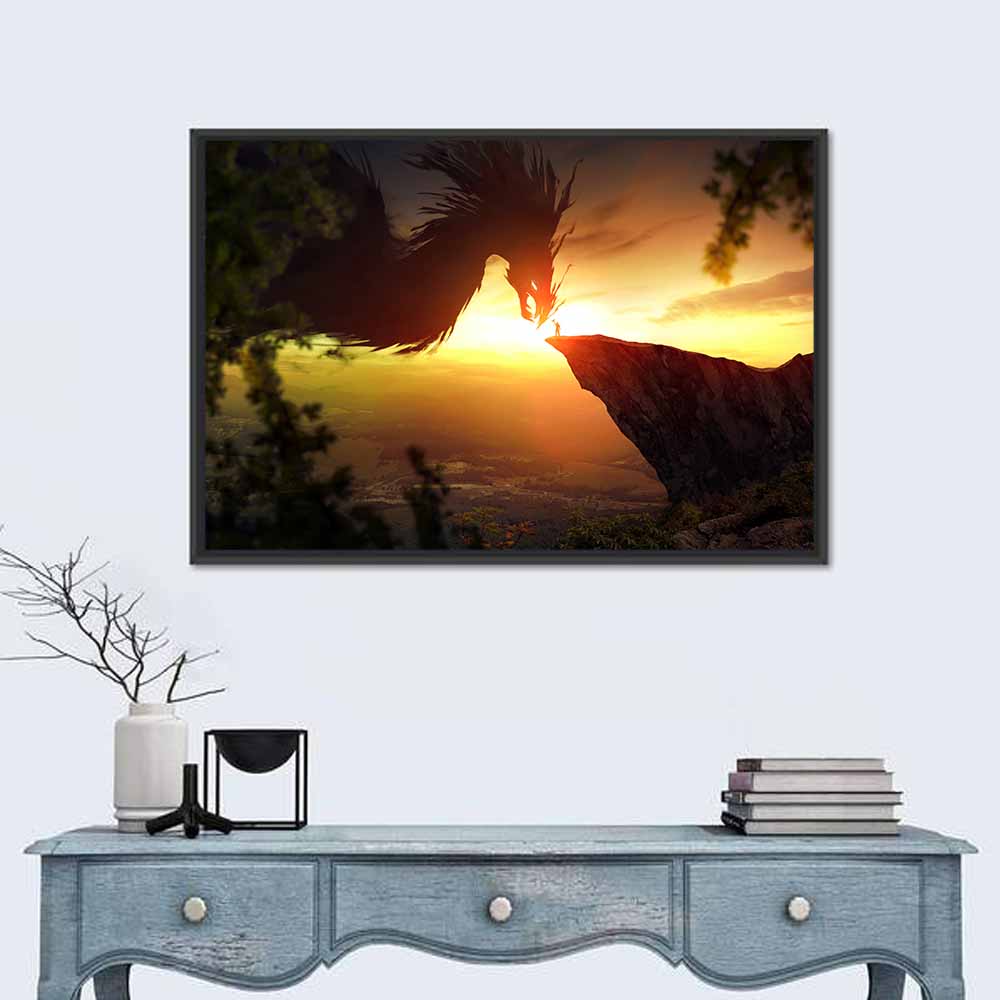 Man and Dragon at Sunset Wall Art
