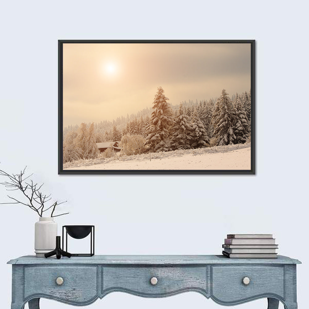 Snowy Pine Forest at Golden Hour Wall Art in a room, landscape