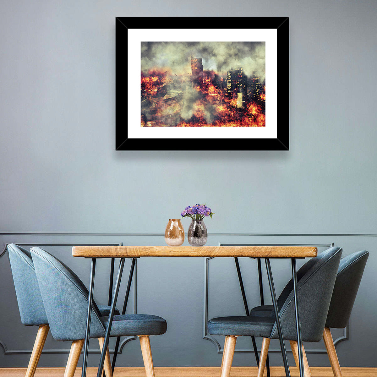 Warsaw Spire Burning City Abstract Wall Art in a room, landscape