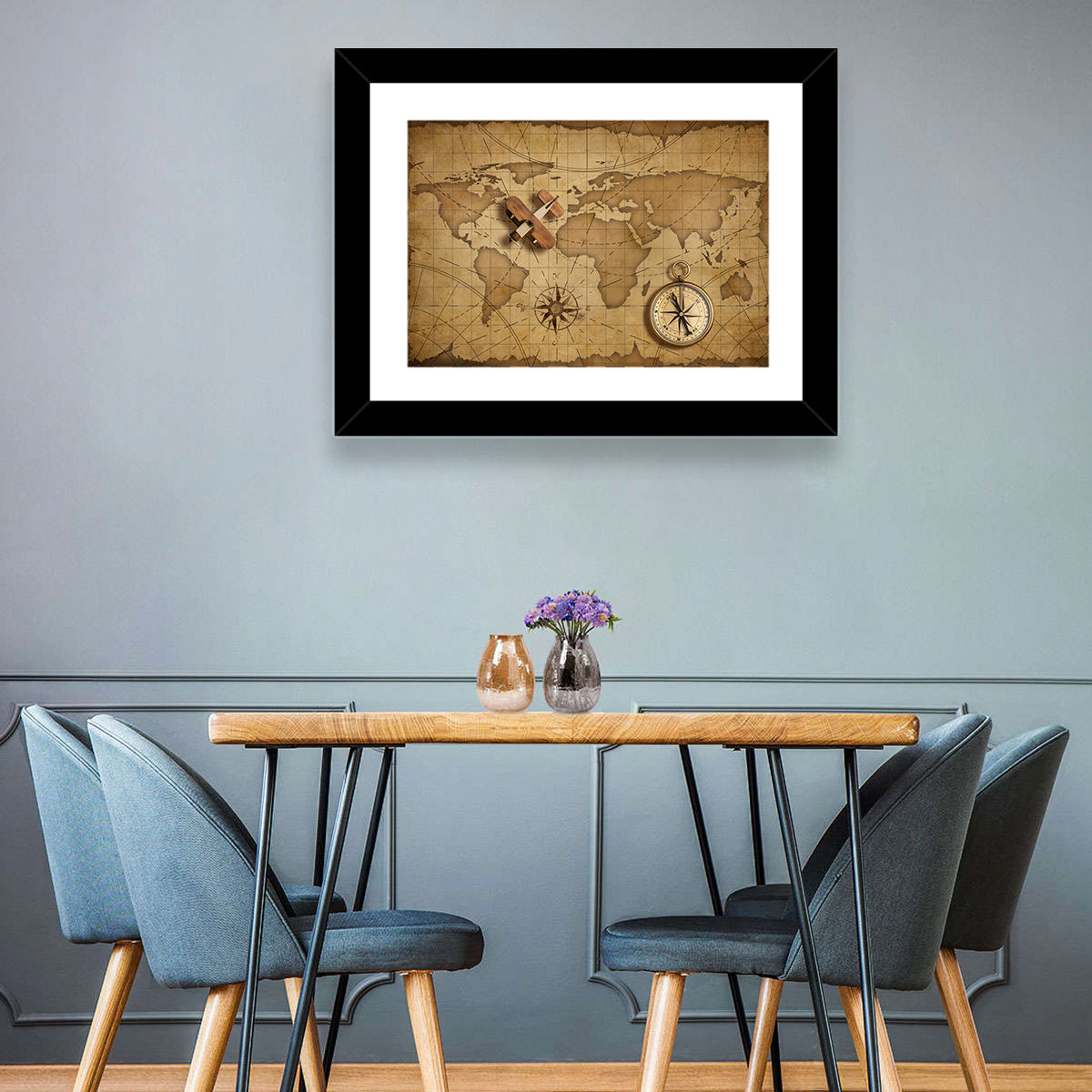 Retro Map with Biplane and Compass Wall Art in a room, landscape