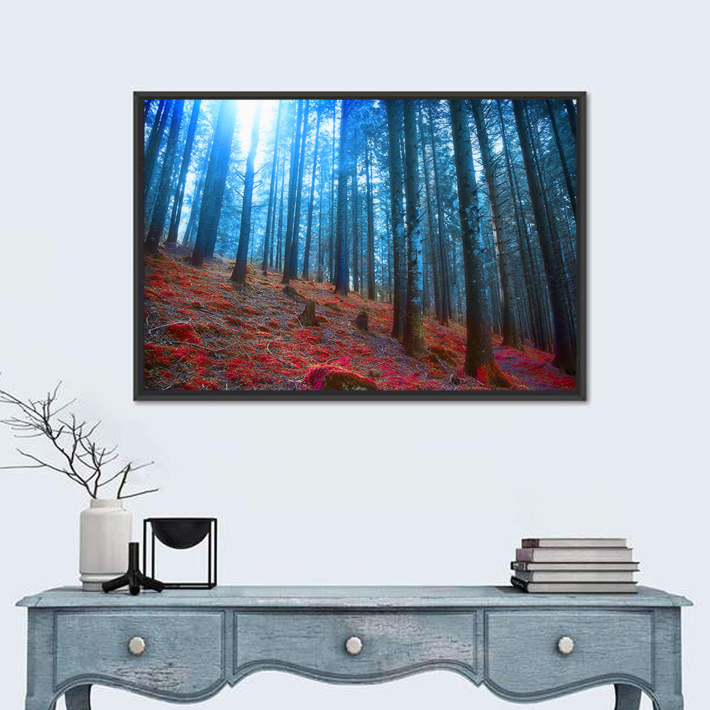 Enchanted Red Moss Forest Wall Art in a room, landscape