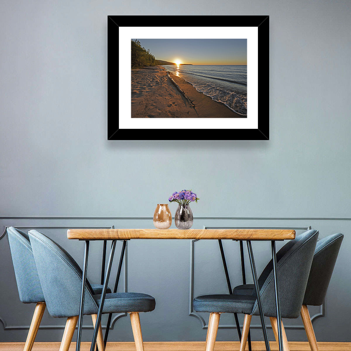 Lake Superior Driftwood Beach Sunset Wall Art in a room, landscape