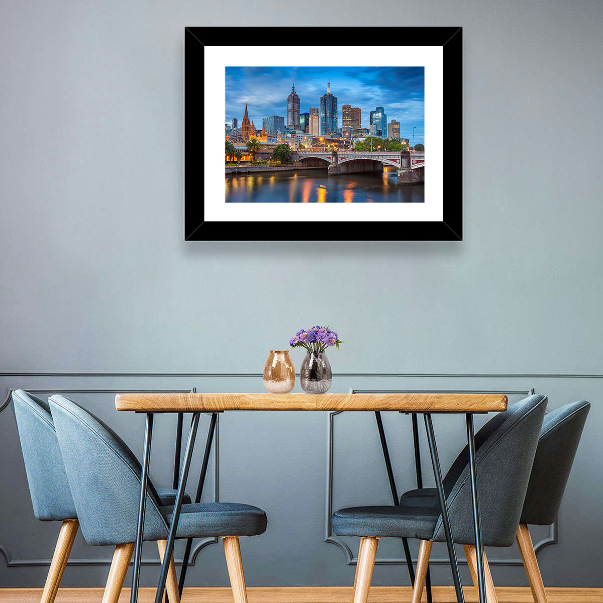Melbourne Blue Hour Skyline Wall Art in a room, landscape
