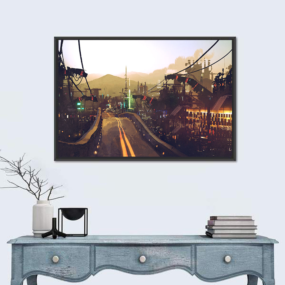 Futuristic Highway at Dusk Wall Art in a room, landscape