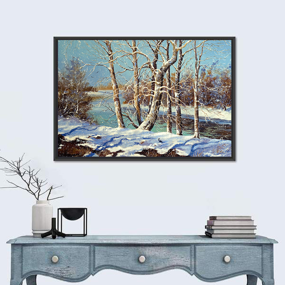 Bare Trees Along a Frozen River Wall Art in a room, landscape