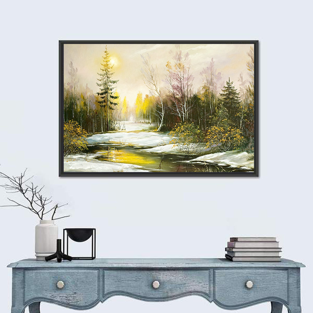 Sunlit Winter River Landscape Wall Art in a room, landscape