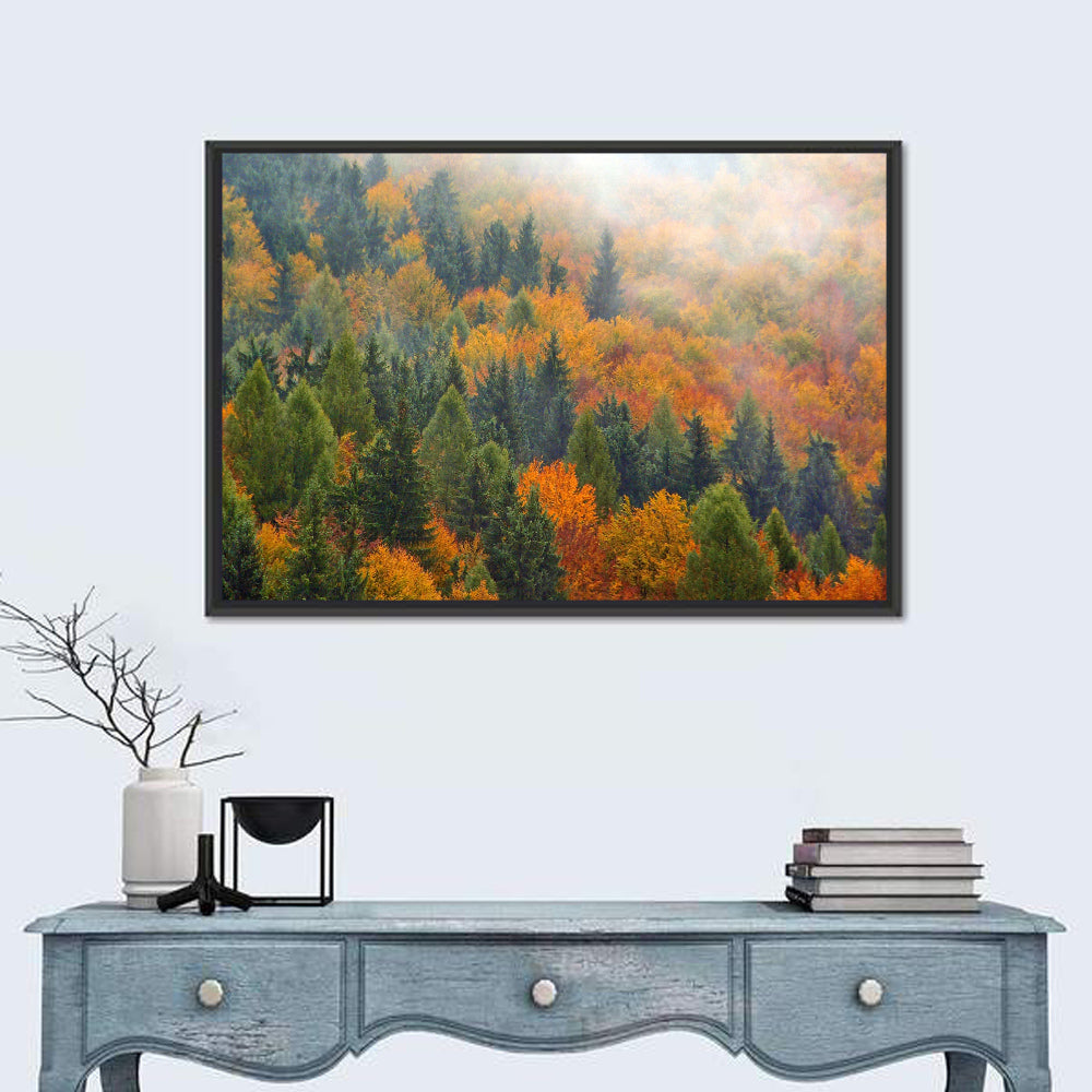 Misty Autumn Forestscape Wall Art in a room, landscape