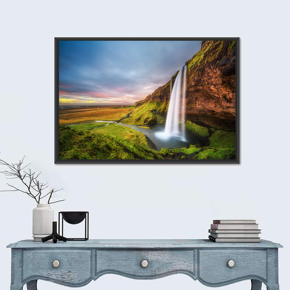 Seljalandsfoss Waterfall Wall Art in a room, landscape
