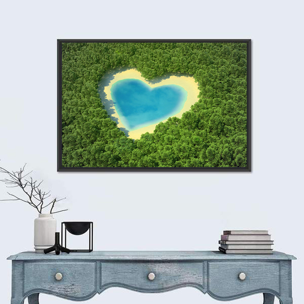 Heart-shaped Pond Aerial View Wall Art in a room, landscape