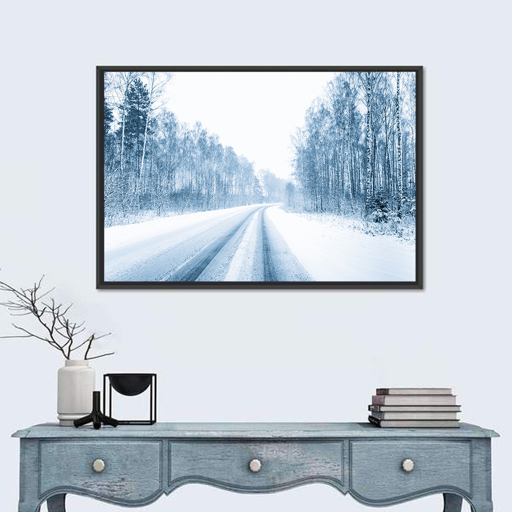 Tire Tracks on Snowy Road Wall Art in a room, landscape