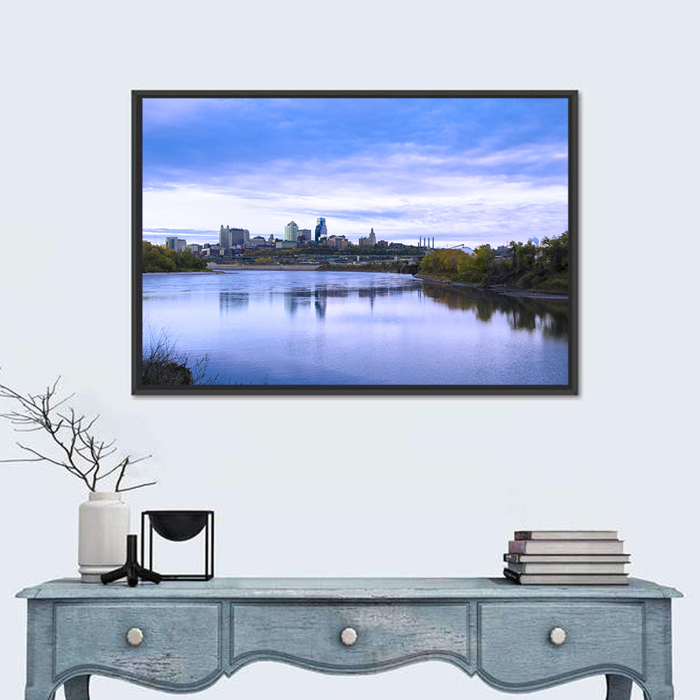 Kansas City Skyline at Dusk Wall Art in a room, landscape