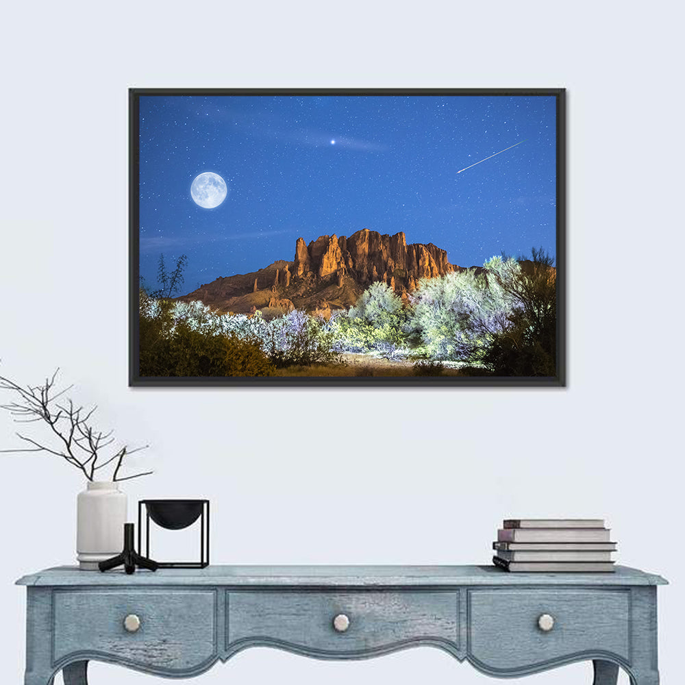 Moonlit Superstition Mountains Arizona Wall Art in a room, landscape
