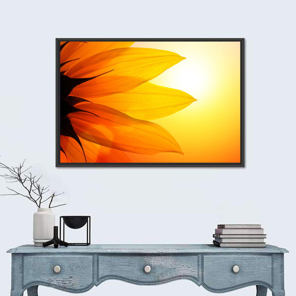 Backlit Sunflower Petals Wall Art in a room, landscape