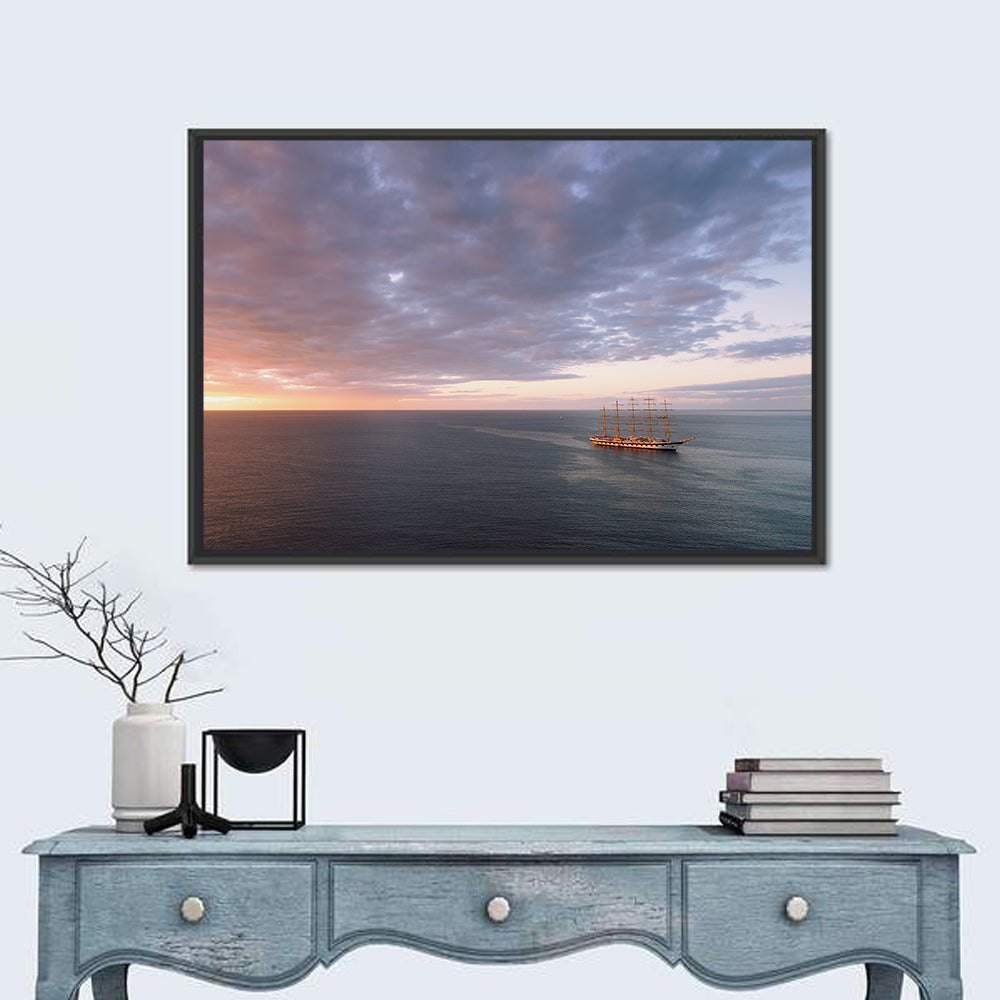 Sunlit Tall Ship at Sea Wall Art in a room, landscape