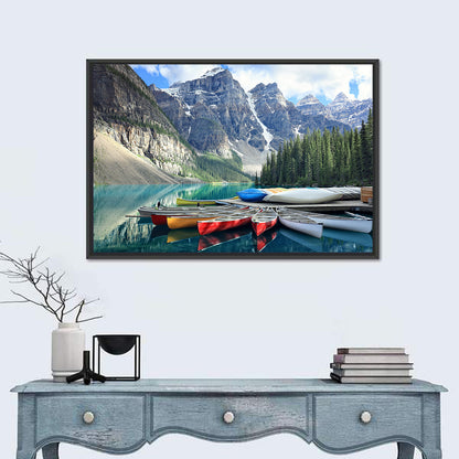 Moraine Lake Canoes at Lake Louise Wall Art