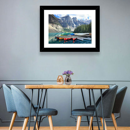 Moraine Lake Canoes at Lake Louise Wall Art
