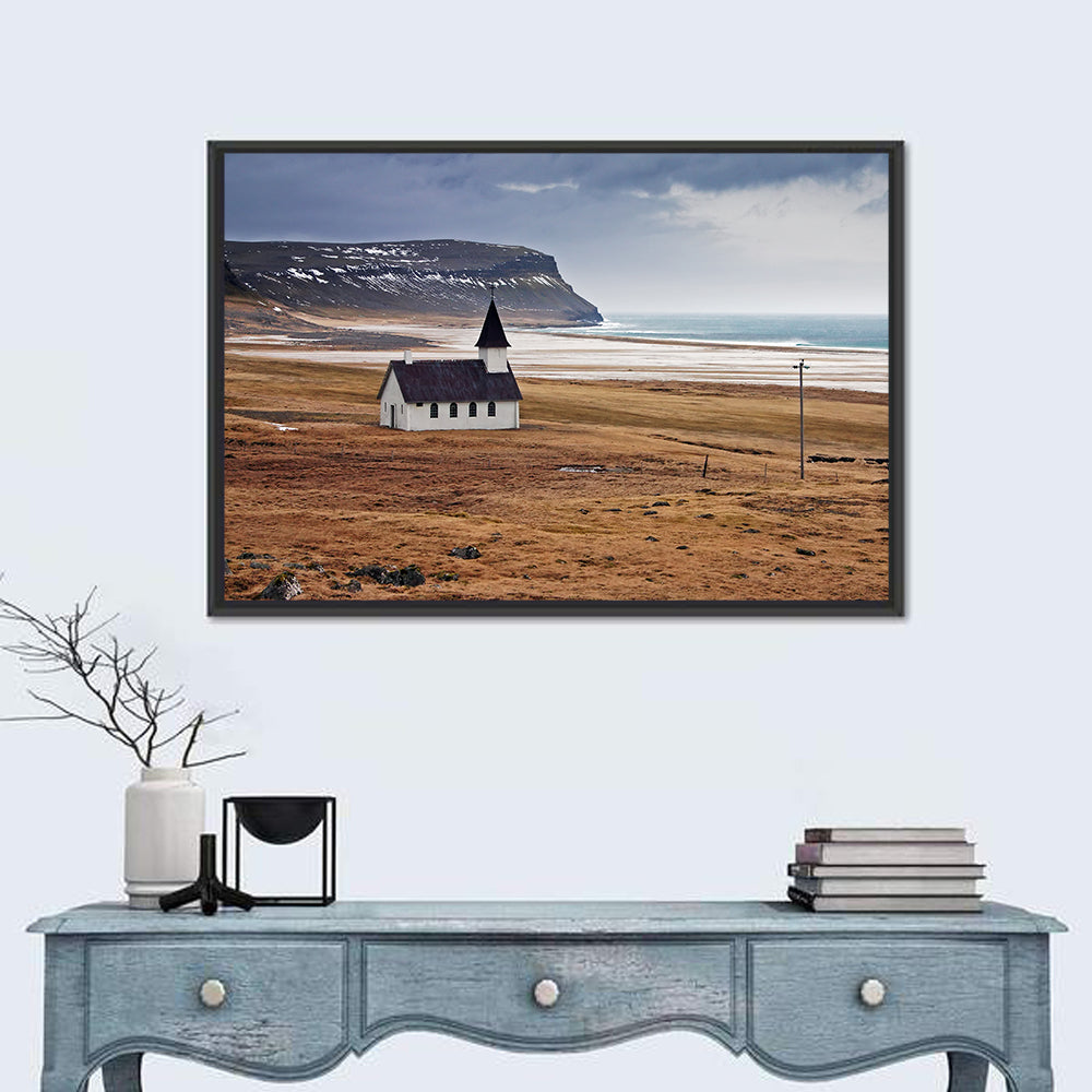 Icelandic Church with Dark Steeple Wall Art in a room, landscape