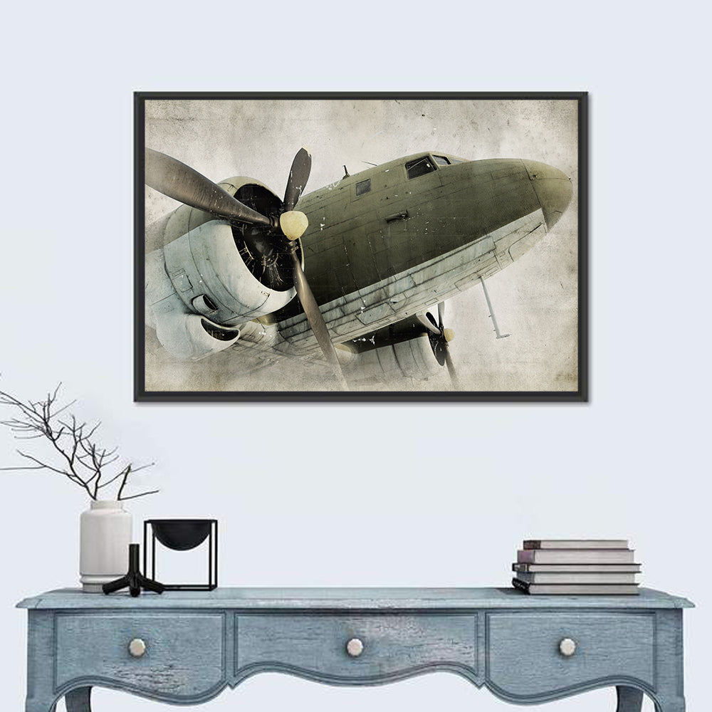 Vintage Propeller Airplane Nose View Wall Art in a room, landscape