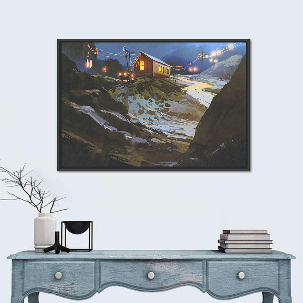 Wooden Cabin in Snowy Mountains Wall Art in a room, landscape