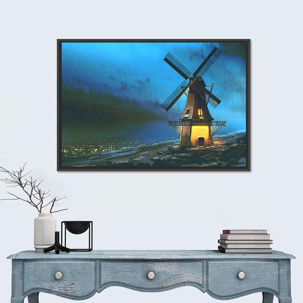 Seaside Windmill at Night Wall Art in a room, landscape
